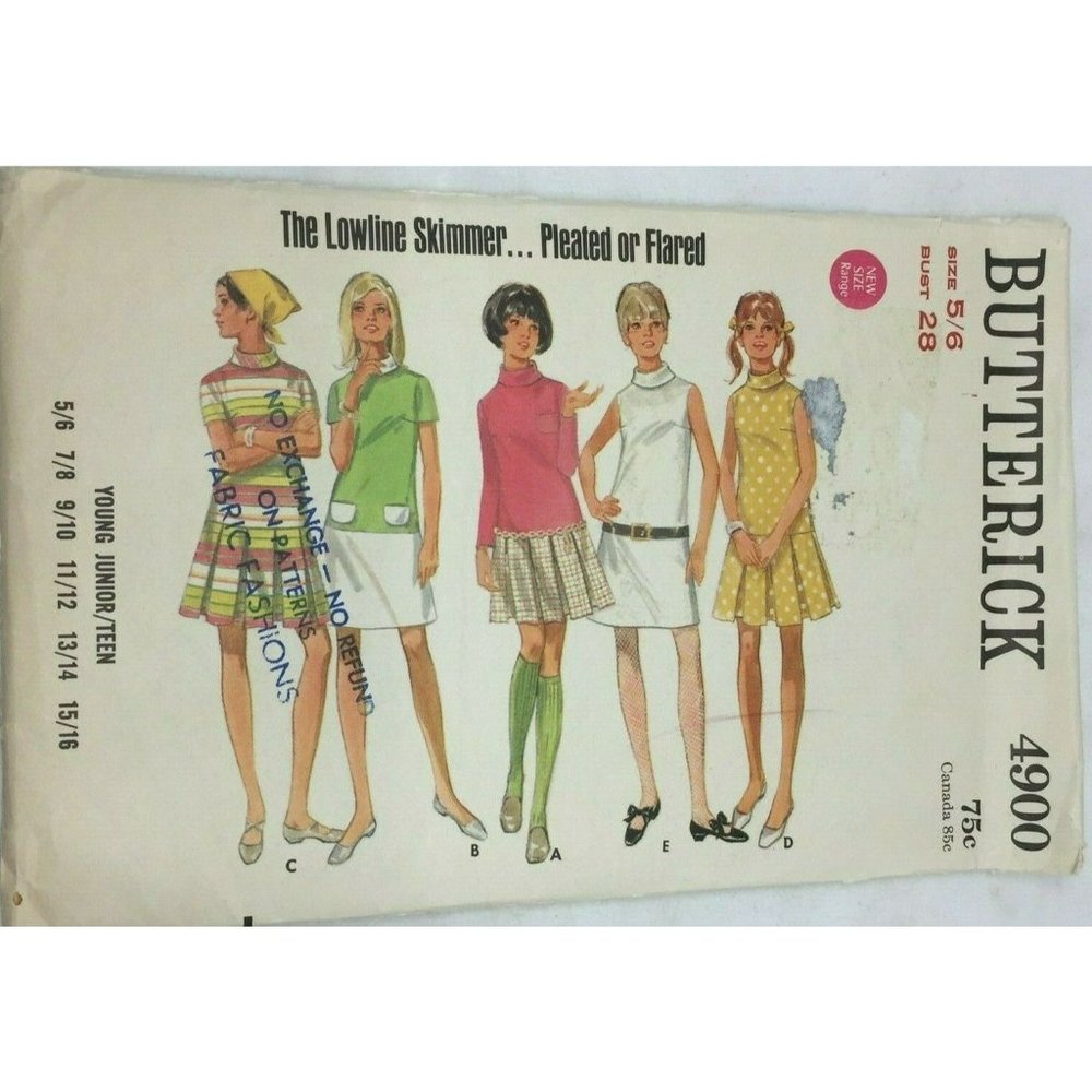 Vintage Butterick 4900 Young Junior Teen One Piece Dress Pleated A-line 5/6